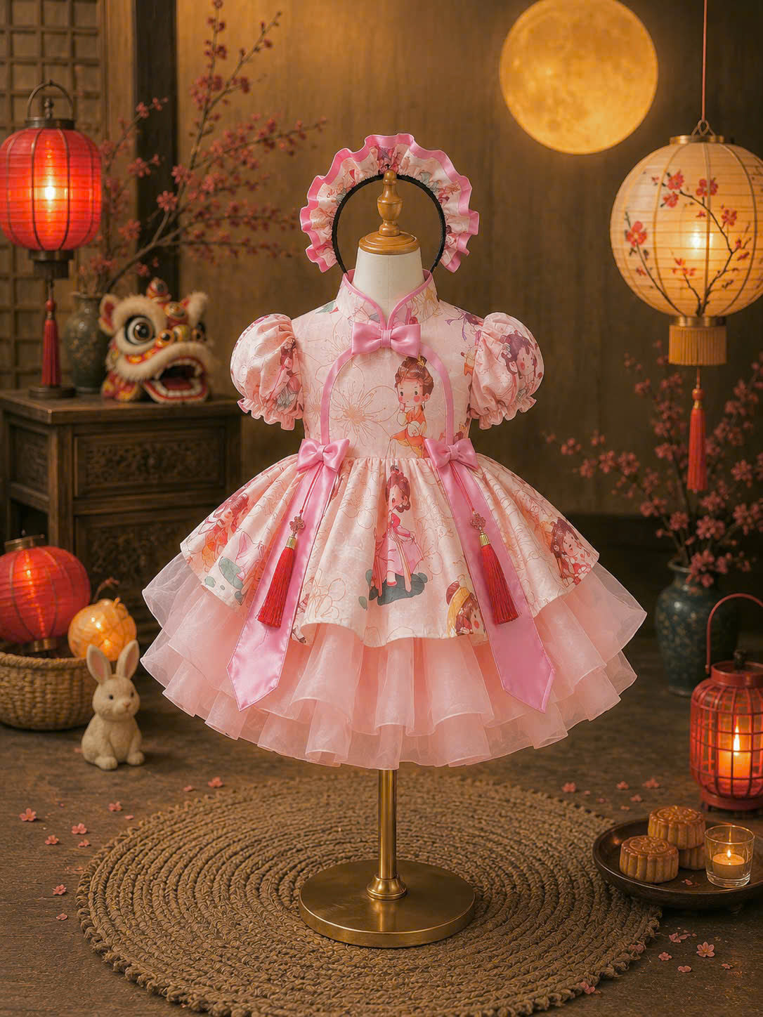 Cheongsam Dress – Moon Fairy Newborn–5 Years | Traditional Floral Girls Dress with Matching Headband | Lunar New Year, Mid-Autumn & Birthday Dress