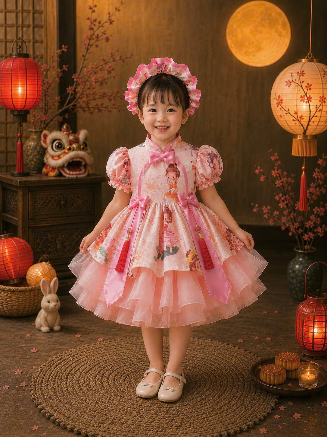 Cheongsam Dress – Moon Fairy Newborn–5 Years | Traditional Floral Girls Dress with Matching Headband | Lunar New Year, Mid-Autumn & Birthday Dress