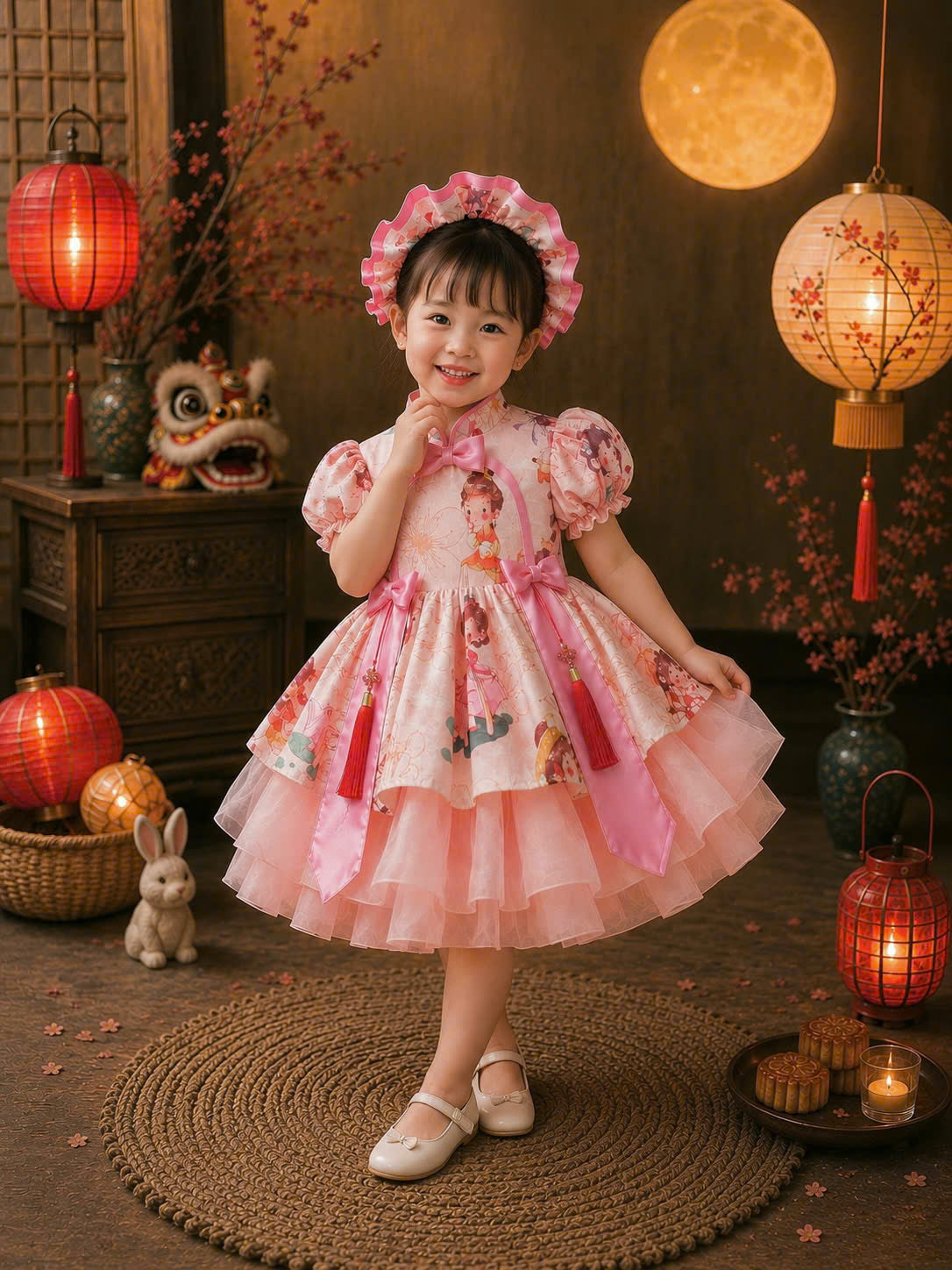 Cheongsam Dress – Moon Fairy Newborn–5 Years | Traditional Floral Girls Dress with Matching Headband | Lunar New Year, Mid-Autumn & Birthday Dress