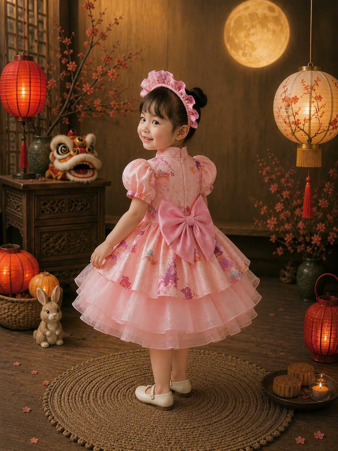 Cheongsam Dress – Moon Fairy Newborn–5 Years | Traditional Floral Girls Dress with Matching Headband | Lunar New Year, Mid-Autumn & Birthday Dress