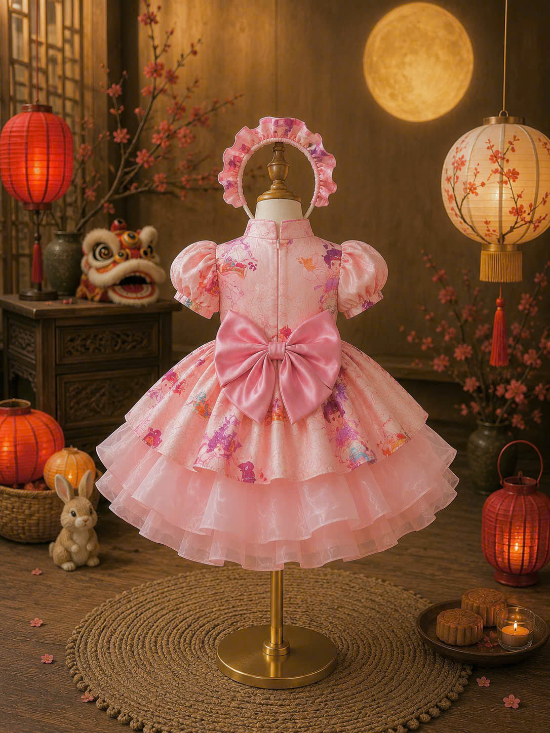 Cheongsam Dress – Moon Fairy Newborn–5 Years | Traditional Floral Girls Dress with Matching Headband | Lunar New Year, Mid-Autumn & Birthday Dress