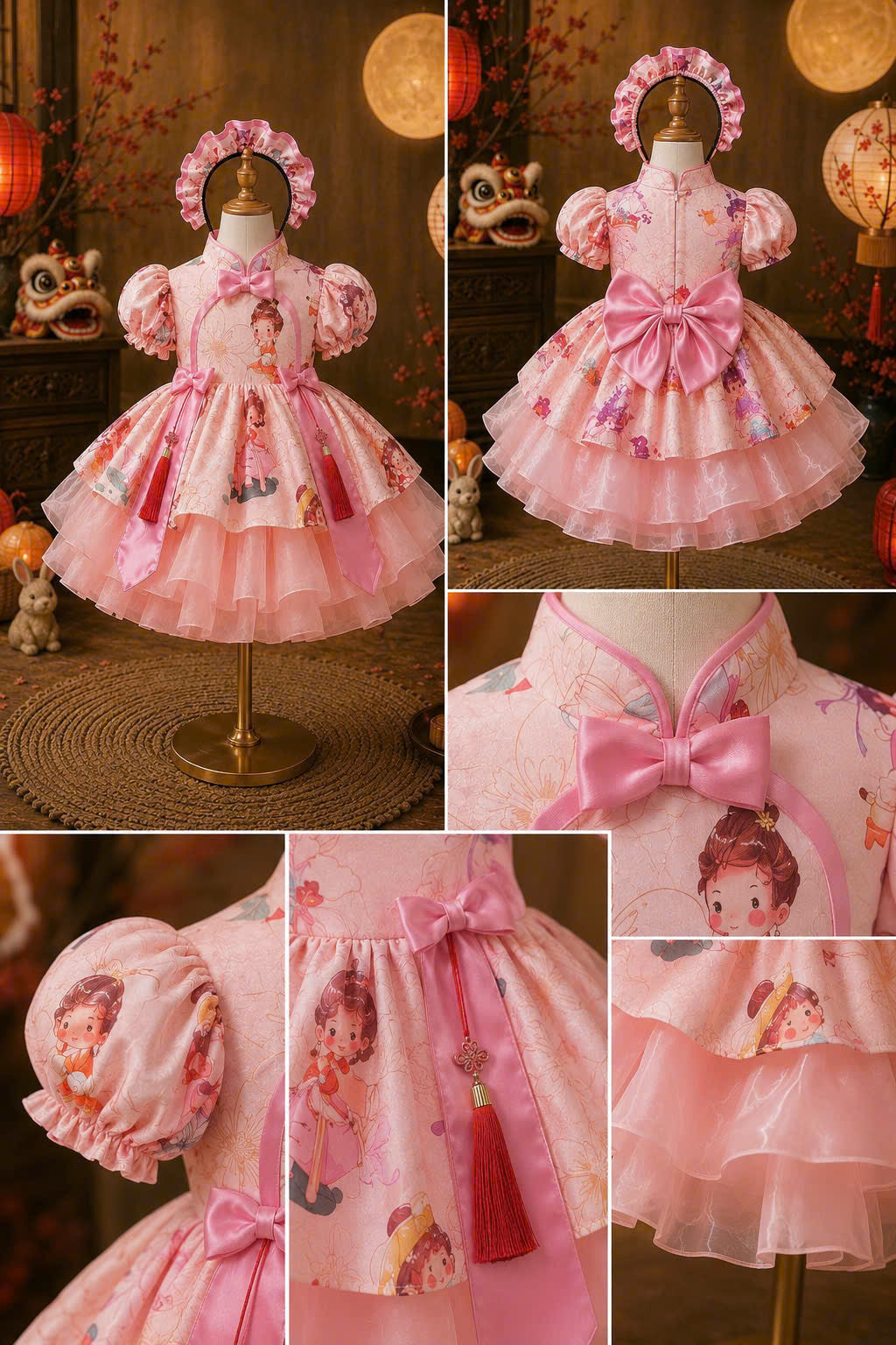 Cheongsam Dress – Moon Fairy Newborn–5 Years | Traditional Floral Girls Dress with Matching Headband | Lunar New Year, Mid-Autumn & Birthday Dress