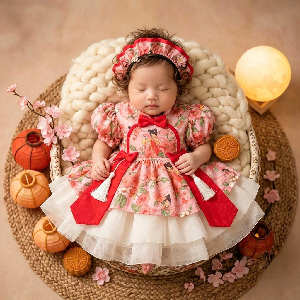 Cheongsam Dress – Blossom Fairy Newborn–5 Years | Floral Cheongsam Dress with Matching Headband | Lunar New Year, Mid-Autumn & Birthday Dress