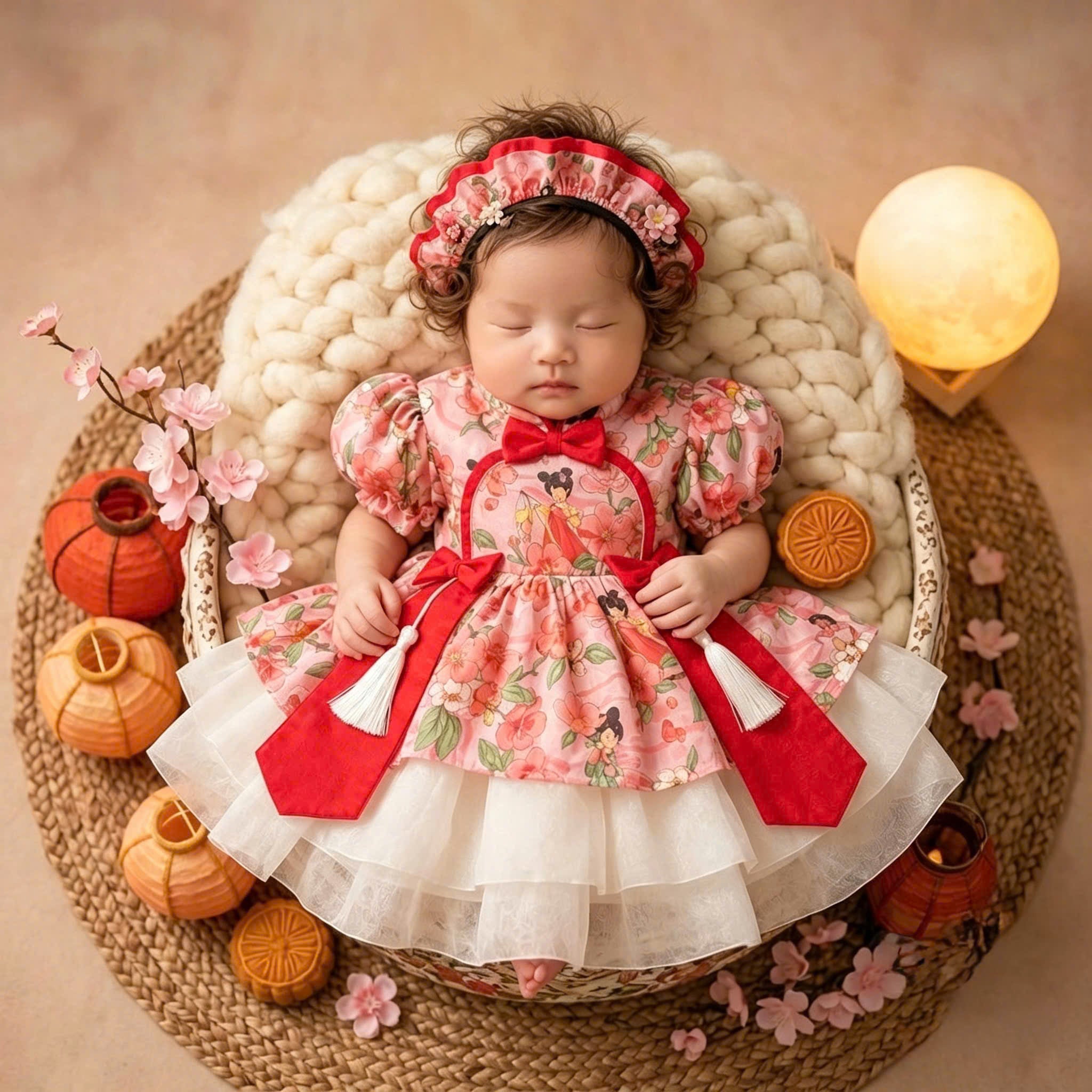 Cheongsam Dress – Blossom Fairy Newborn–5 Years | Floral Cheongsam Dress with Matching Headband | Lunar New Year, Mid-Autumn & Birthday Dress