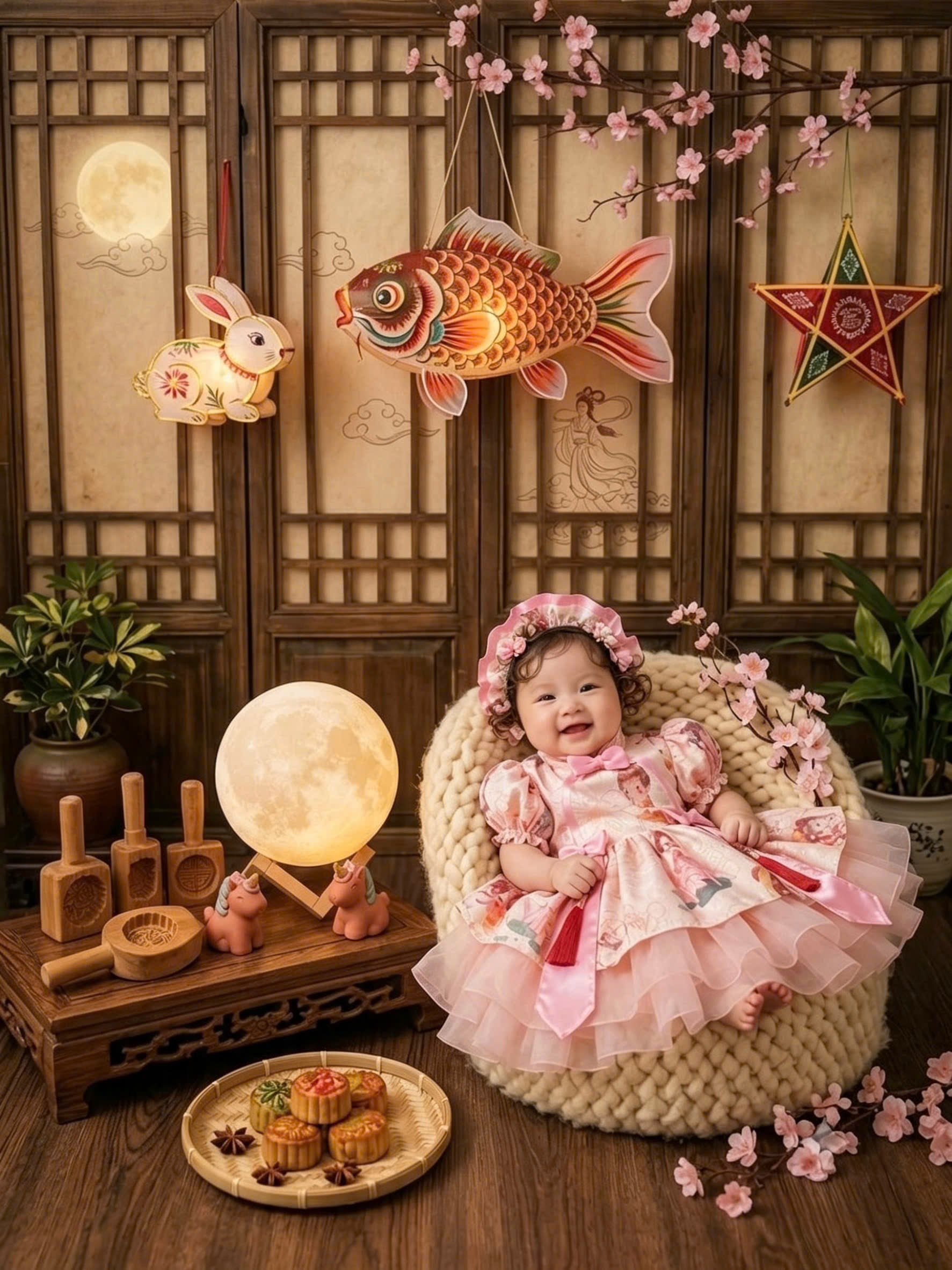 Cheongsam Dress – Moon Fairy Newborn–5 Years | Traditional Floral Girls Dress with Matching Headband | Lunar New Year, Mid-Autumn & Birthday Dress