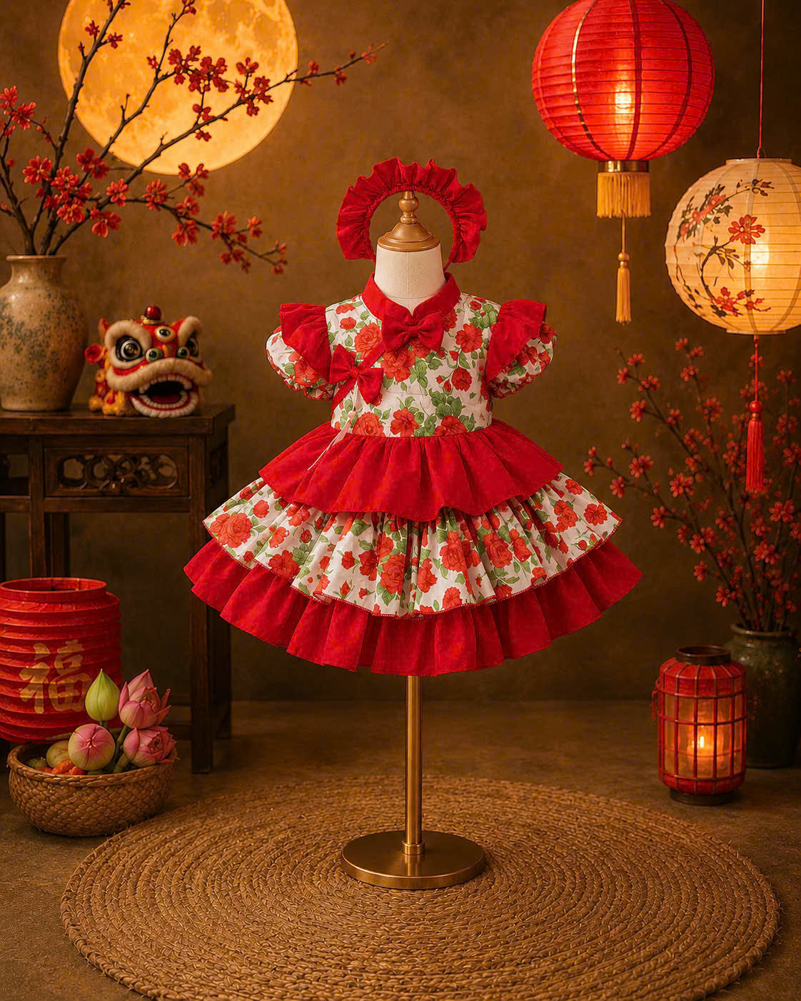 Cheongsam Dress – Rose Garden Newborn–5 Years | Floral Cheongsam Dress with Matching Headband | Lunar New Year, Mid-Autumn & Birthday Dress