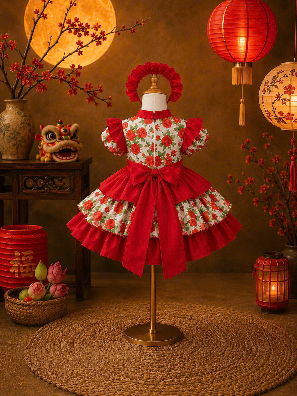 Cheongsam Dress – Rose Garden Newborn–5 Years | Floral Cheongsam Dress with Matching Headband | Lunar New Year, Mid-Autumn & Birthday Dress