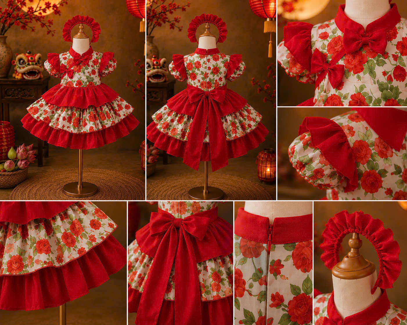 Cheongsam Dress – Rose Garden Newborn–5 Years | Floral Cheongsam Dress with Matching Headband | Lunar New Year, Mid-Autumn & Birthday Dress