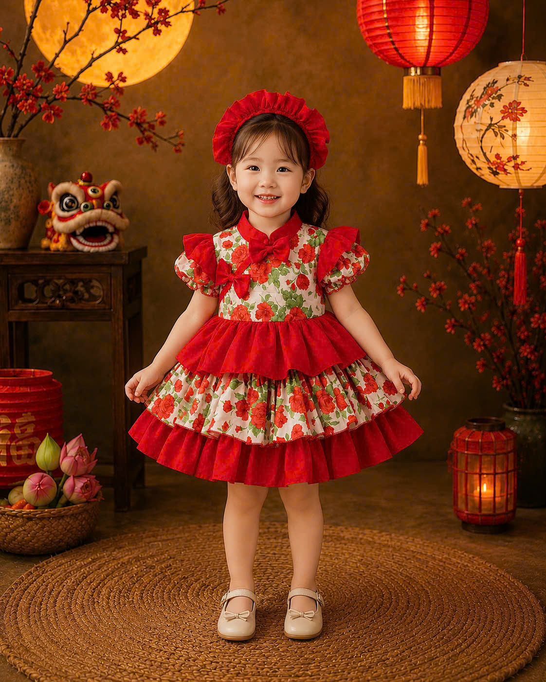Cheongsam Dress – Rose Garden Newborn–5 Years | Floral Cheongsam Dress with Matching Headband | Lunar New Year, Mid-Autumn & Birthday Dress