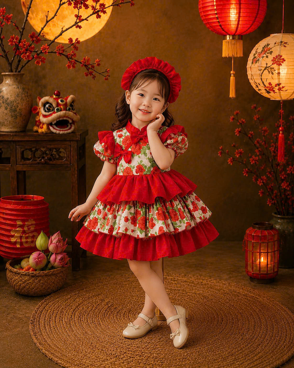 Cheongsam Dress – Rose Garden Newborn–5 Years | Floral Cheongsam Dress with Matching Headband | Lunar New Year, Mid-Autumn & Birthday Dress