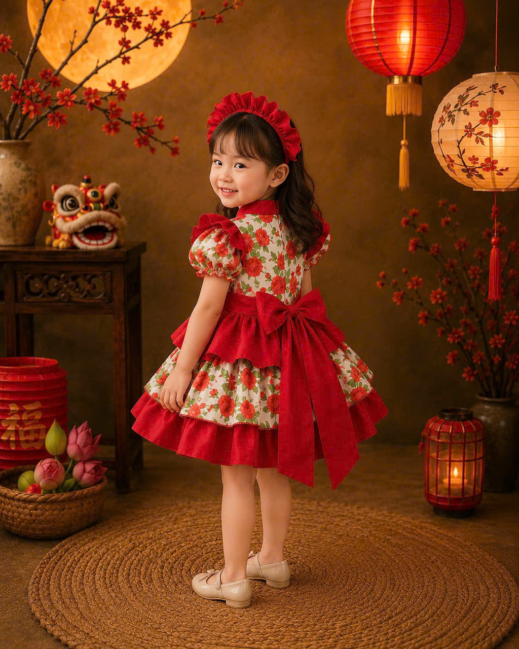 Cheongsam Dress – Rose Garden Newborn–5 Years | Floral Cheongsam Dress with Matching Headband | Lunar New Year, Mid-Autumn & Birthday Dress