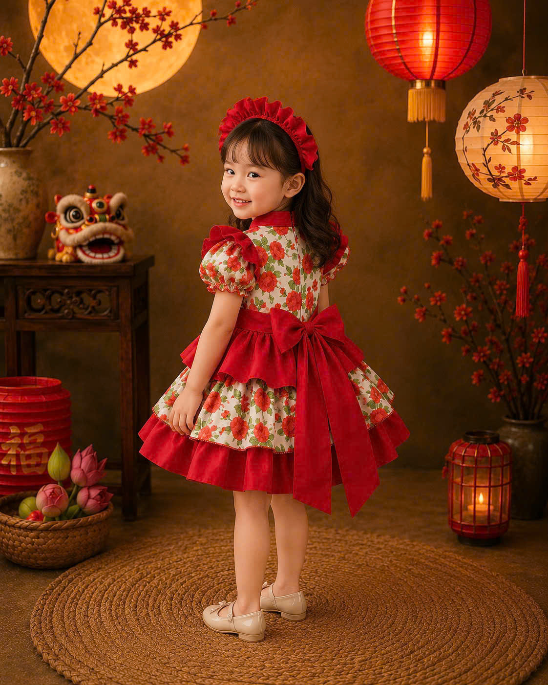 Cheongsam Dress – Rose Garden Newborn–5 Years | Floral Cheongsam Dress with Matching Headband | Lunar New Year, Mid-Autumn & Birthday Dress