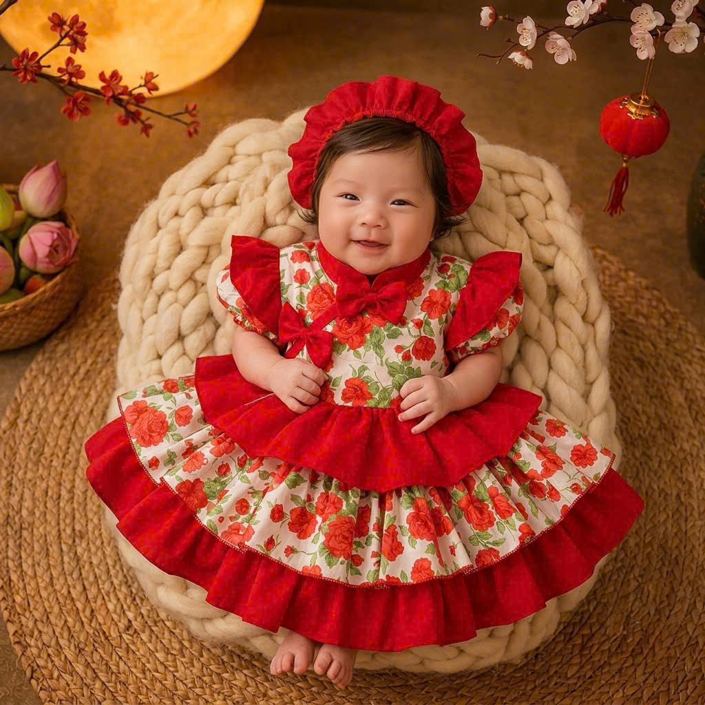 Cheongsam Dress – Rose Garden Newborn–5 Years | Floral Cheongsam Dress with Matching Headband | Lunar New Year, Mid-Autumn & Birthday Dress