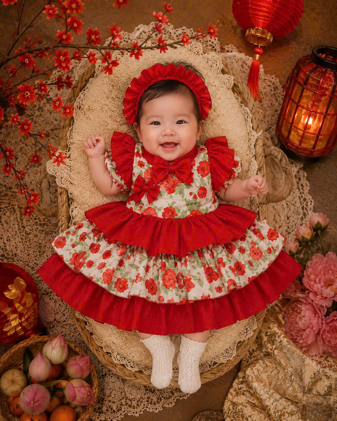 Cheongsam Dress – Rose Garden Newborn–5 Years | Floral Cheongsam Dress with Matching Headband | Lunar New Year, Mid-Autumn & Birthday Dress