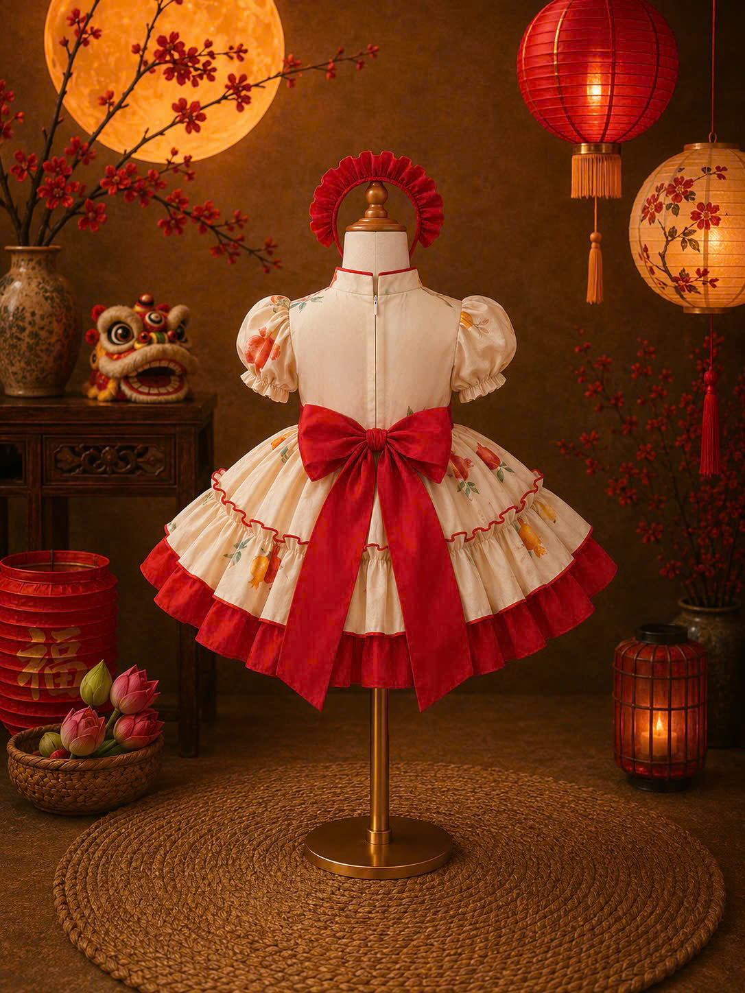 Cheongsam Dress - Lantern Newborn–5 Years | Floral Cheongsam Princess Dress with Matching Headband | Tết, Mid-Autumn & Birthday Dress