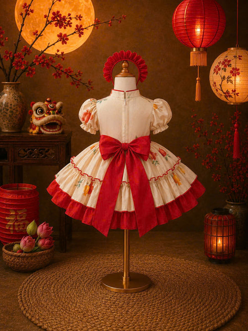 Cheongsam Dress - Lantern Newborn–5 Years | Floral Cheongsam Princess Dress with Matching Headband | Tết, Mid-Autumn & Birthday Dress