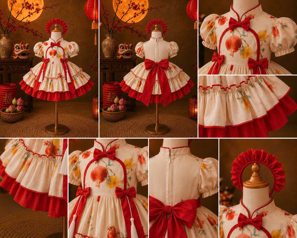 Cheongsam Dress - Lantern Newborn–5 Years | Floral Cheongsam Princess Dress with Matching Headband | Tết, Mid-Autumn & Birthday Dress