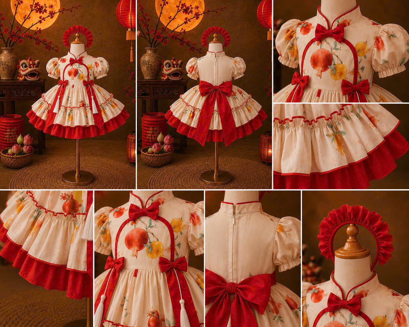Cheongsam Dress - Lantern Newborn–5 Years | Floral Cheongsam Princess Dress with Matching Headband | Tết, Mid-Autumn & Birthday Dress