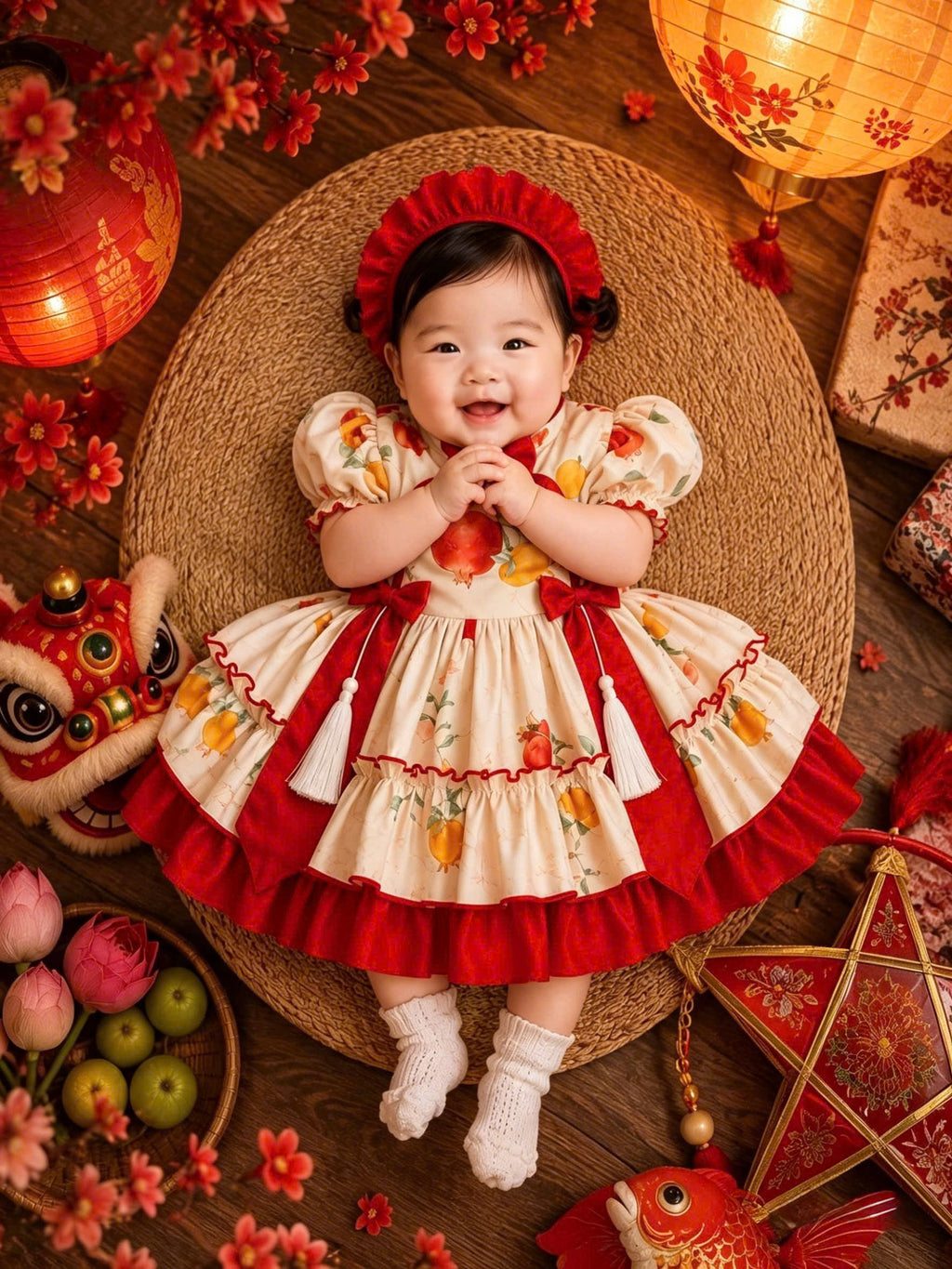 Cheongsam Dress - Lantern Newborn–5 Years | Floral Cheongsam Princess Dress with Matching Headband | Tết, Mid-Autumn & Birthday Dress