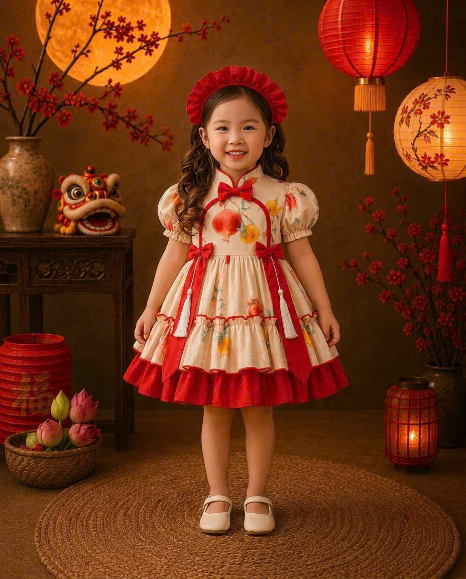 Cheongsam Dress - Lantern Newborn–5 Years | Floral Cheongsam Princess Dress with Matching Headband | Tết, Mid-Autumn & Birthday Dress