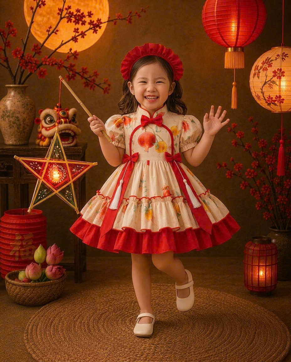 Cheongsam Dress - Lantern Newborn–5 Years | Floral Cheongsam Princess Dress with Matching Headband | Tết, Mid-Autumn & Birthday Dress