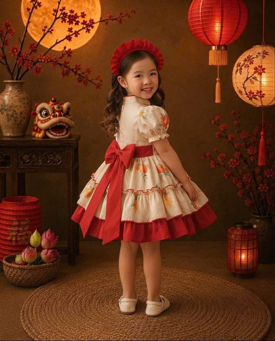 Cheongsam Dress - Lantern Newborn–5 Years | Floral Cheongsam Princess Dress with Matching Headband | Tết, Mid-Autumn & Birthday Dress