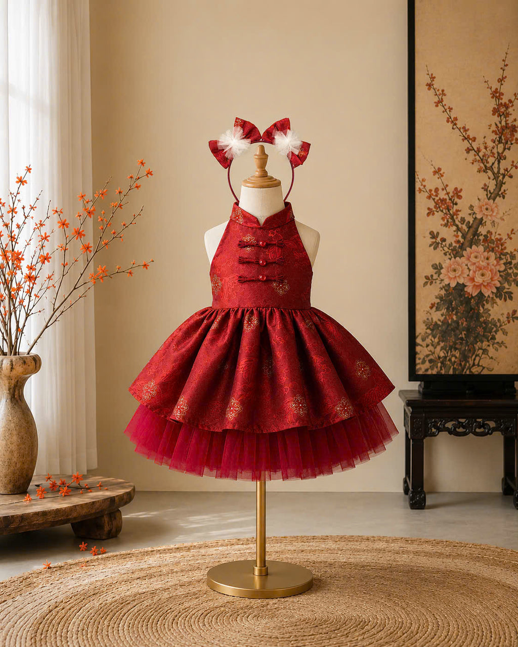 Halter Neck Dress - Deep Red 3 Months–3 Years | Red Brocade Yếm-Inspired Princess Dress | Tết, Mid-Autumn & Birthday Dress