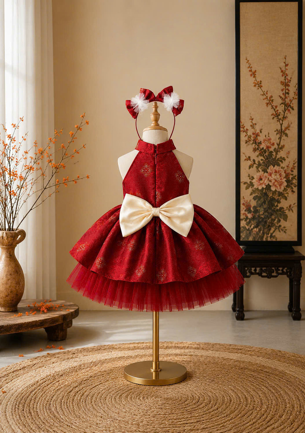 Halter Neck Dress - Deep Red 3 Months–3 Years | Red Brocade Yếm-Inspired Princess Dress | Tết, Mid-Autumn & Birthday Dress