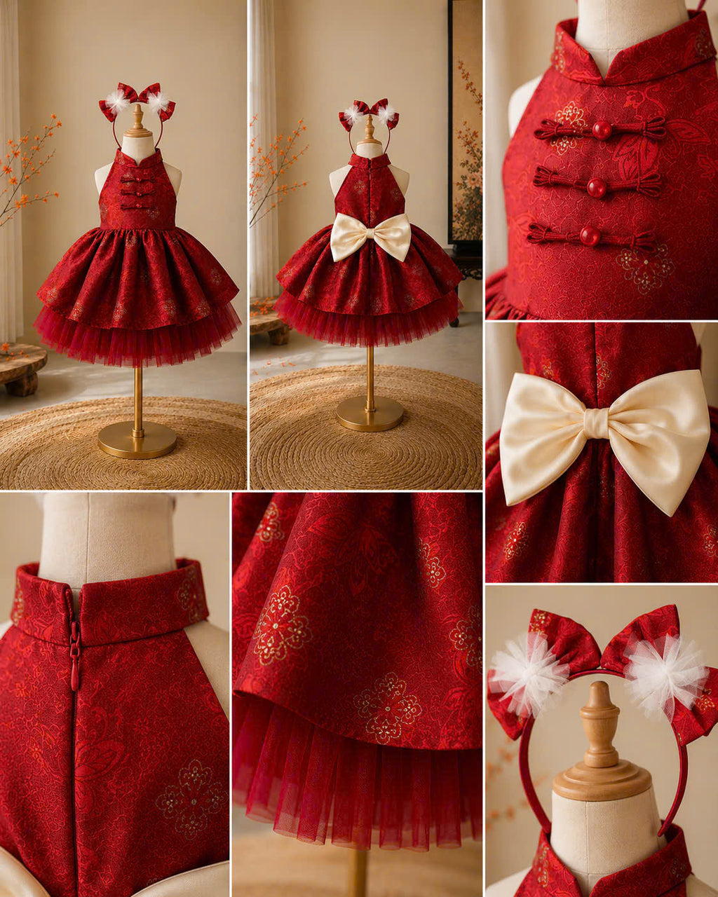 Halter Neck Dress - Deep Red 3 Months–3 Years | Red Brocade Yếm-Inspired Princess Dress | Tết, Mid-Autumn & Birthday Dress