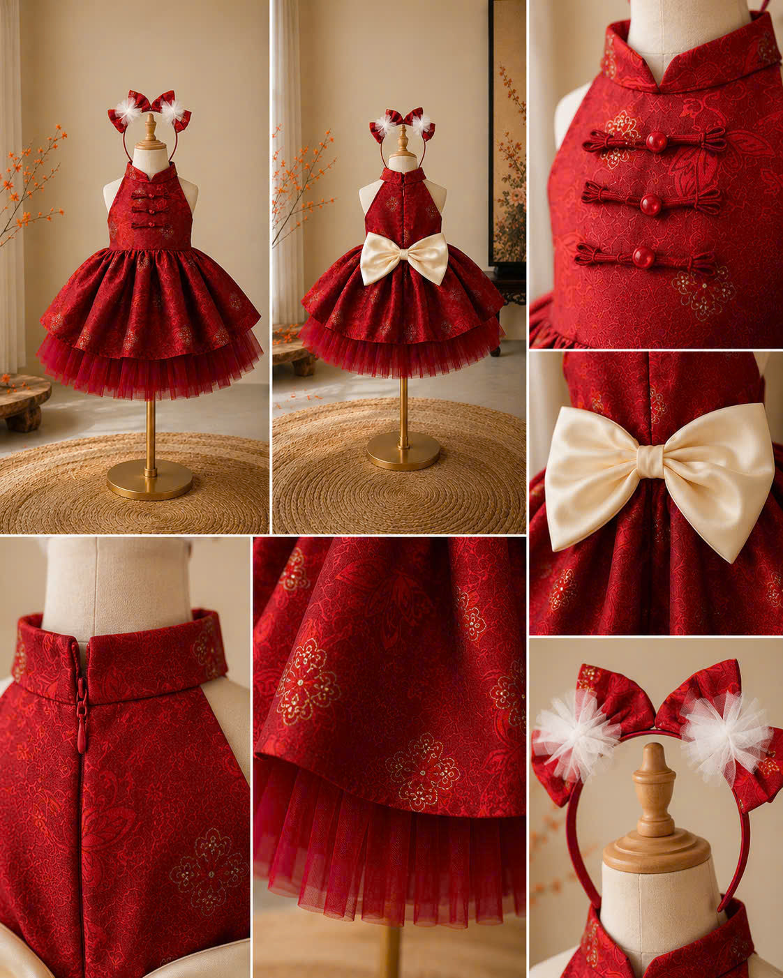 Halter Neck Dress - Deep Red 3 Months–3 Years | Red Brocade Yếm-Inspired Princess Dress | Tết, Mid-Autumn & Birthday Dress