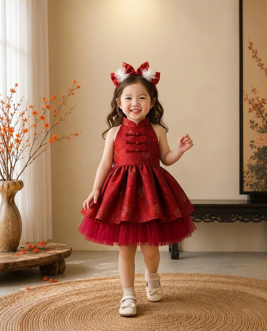 Halter Neck Dress - Deep Red 3 Months–3 Years | Red Brocade Yếm-Inspired Princess Dress | Tết, Mid-Autumn & Birthday Dress