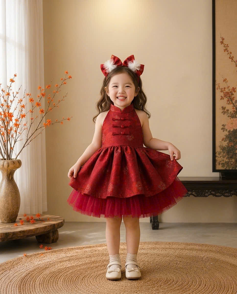 Halter Neck Dress - Deep Red 3 Months–3 Years | Red Brocade Yếm-Inspired Princess Dress | Tết, Mid-Autumn & Birthday Dress