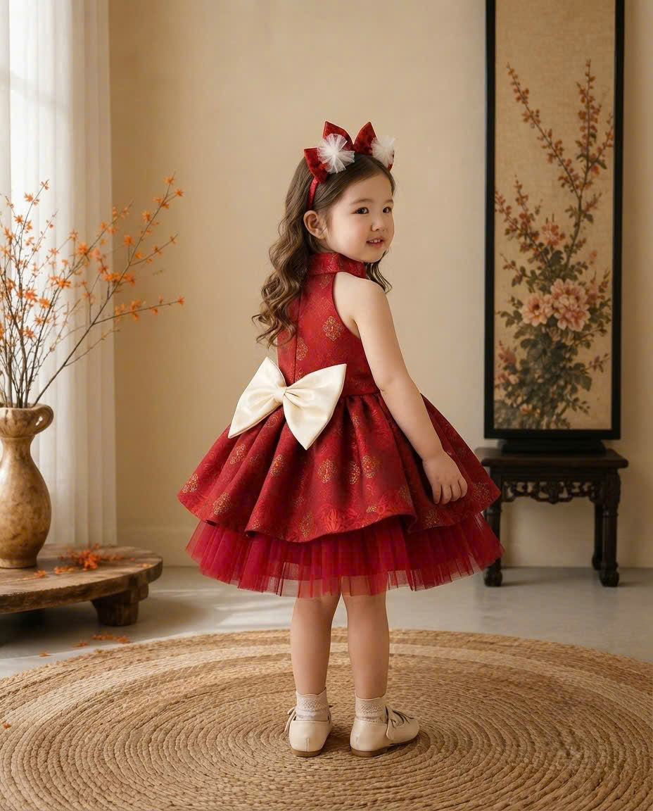 Halter Neck Dress - Deep Red 3 Months–3 Years | Red Brocade Yếm-Inspired Princess Dress | Tết, Mid-Autumn & Birthday Dress