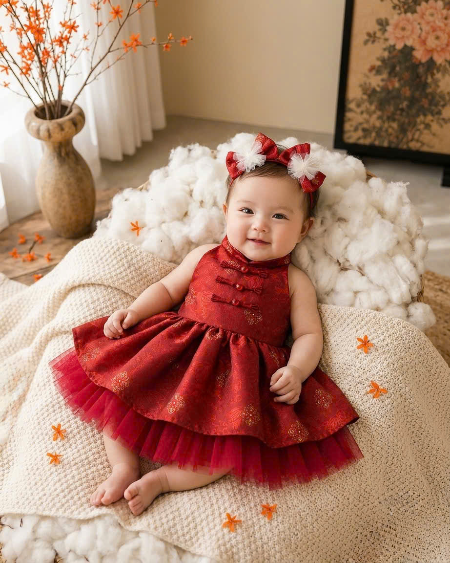 Halter Neck Dress - Deep Red 3 Months–3 Years | Red Brocade Yếm-Inspired Princess Dress | Tết, Mid-Autumn & Birthday Dress