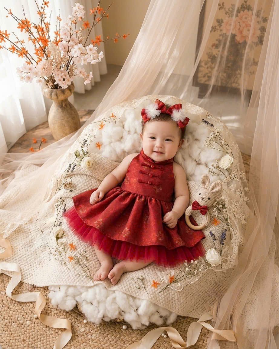 Halter Neck Dress - Deep Red 3 Months–3 Years | Red Brocade Yếm-Inspired Princess Dress | Tết, Mid-Autumn & Birthday Dress