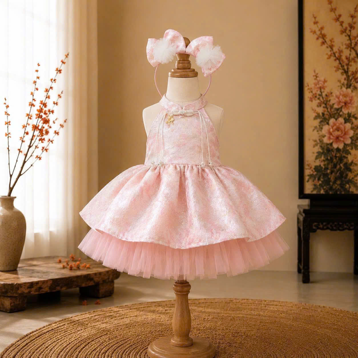 Halter Neck Dress - Rosy Dream 3 Months–3 Years | Pink Brocade Yếm-Inspired Princess Dress | Tết, Mid-Autumn & Birthday Dress