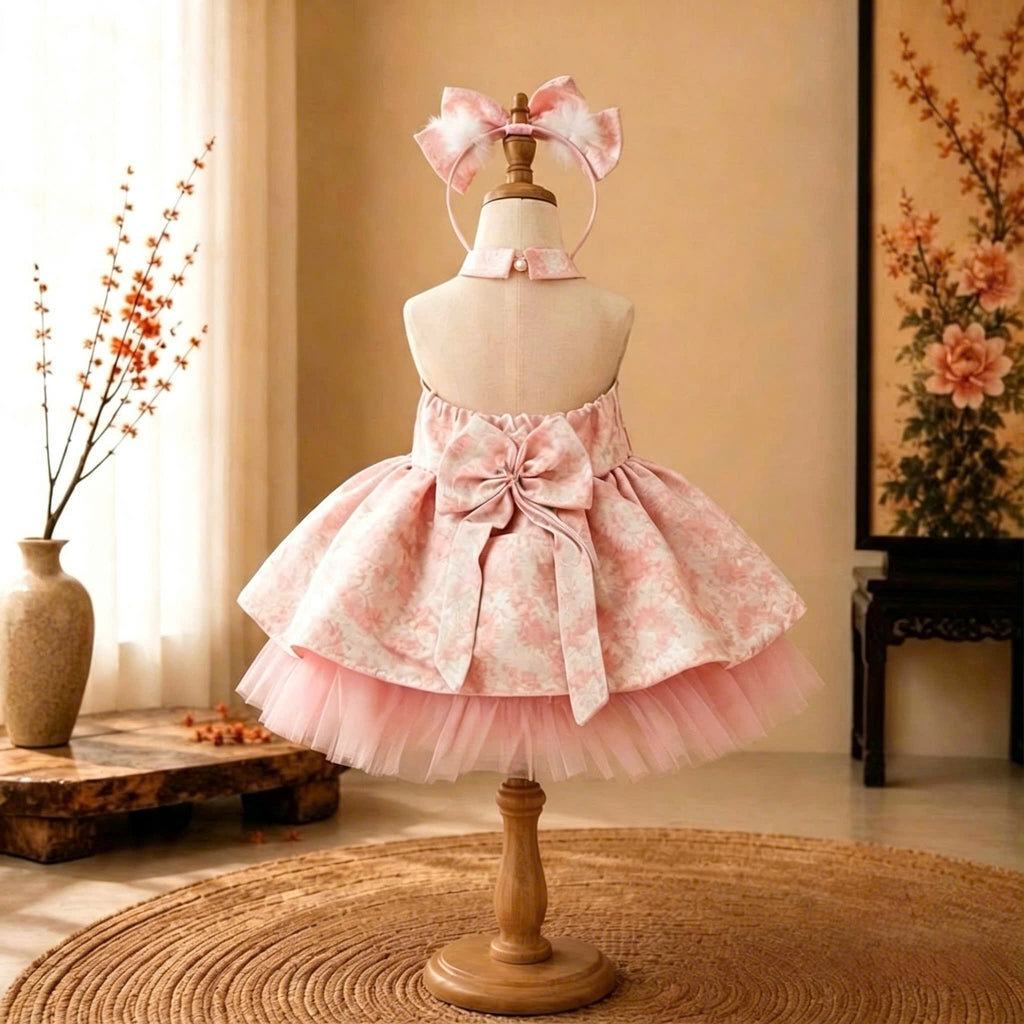 Halter Neck Dress - Rosy Dream 3 Months–3 Years | Pink Brocade Yếm-Inspired Princess Dress | Tết, Mid-Autumn & Birthday Dress