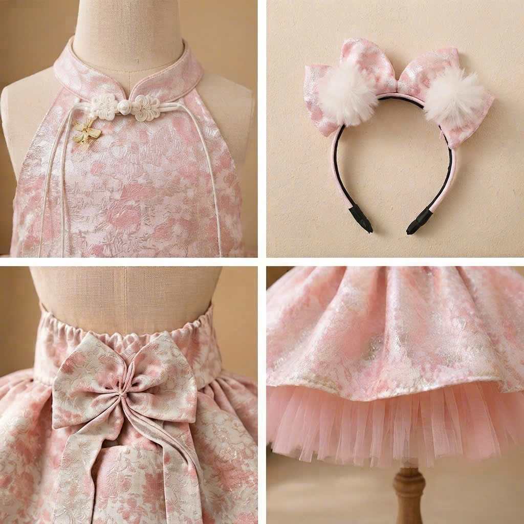Halter Neck Dress - Rosy Dream 3 Months–3 Years | Pink Brocade Yếm-Inspired Princess Dress | Tết, Mid-Autumn & Birthday Dress