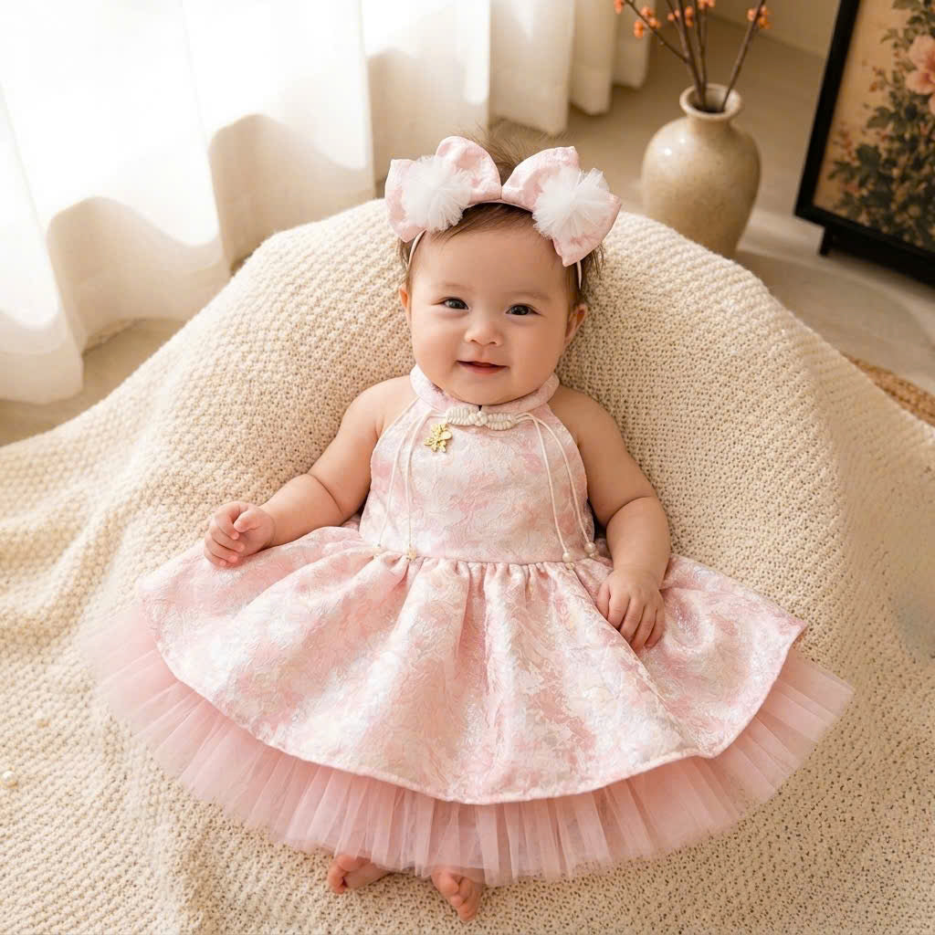 Halter Neck Dress - Rosy Dream 3 Months–3 Years | Pink Brocade Yếm-Inspired Princess Dress | Tết, Mid-Autumn & Birthday Dress