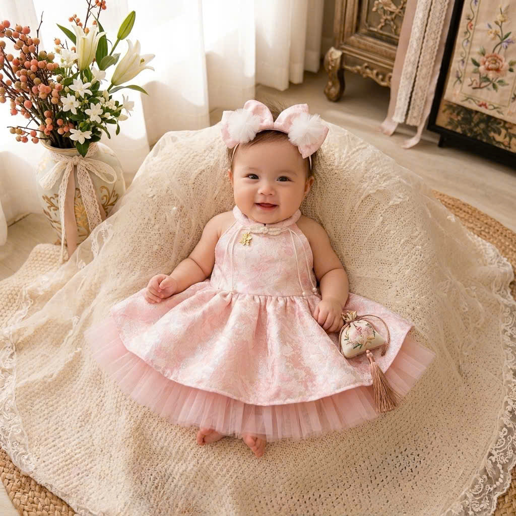 Halter Neck Dress - Rosy Dream 3 Months–3 Years | Pink Brocade Yếm-Inspired Princess Dress | Tết, Mid-Autumn & Birthday Dress