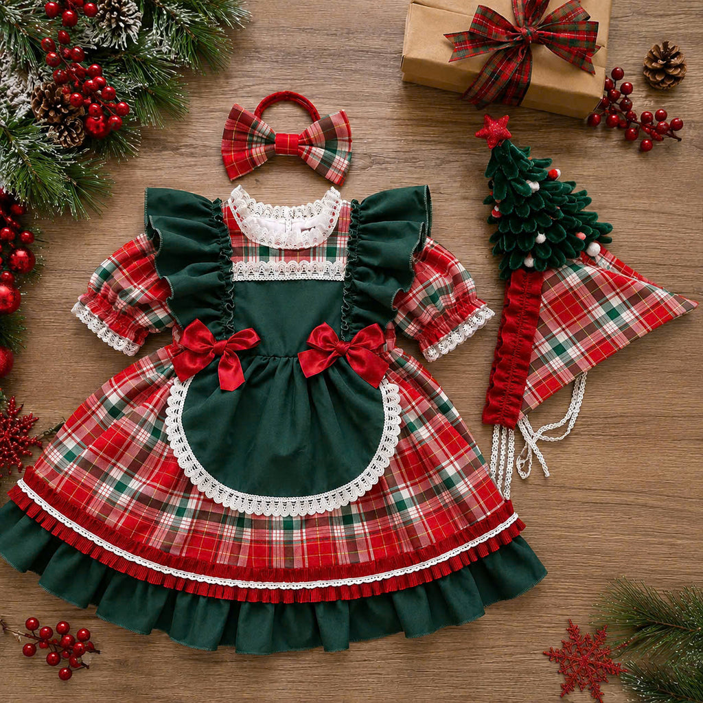 Little Holly Christmas Dress 3 Months–6 Years | Plaid Baby Girl Holiday Dress with Matching Headband | Boutique Christmas Party Dress