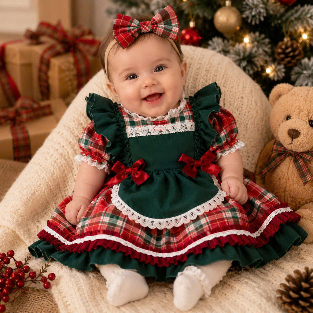 Little Holly Christmas Dress 3 Months–6 Years | Plaid Baby Girl Holiday Dress with Matching Headband | Boutique Christmas Party Dress
