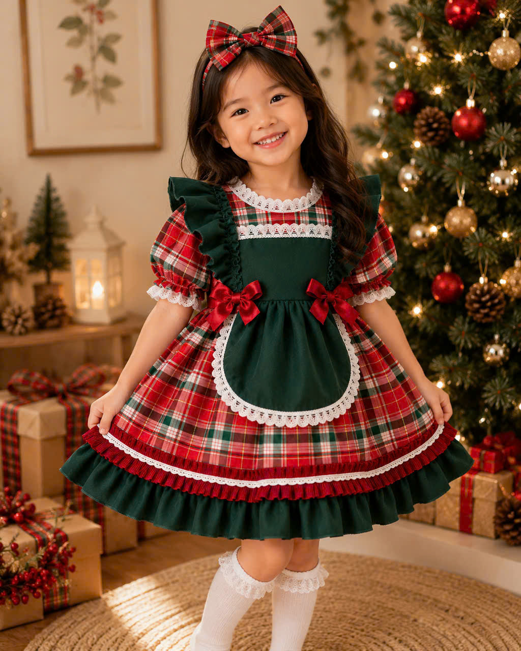Little Holly Christmas Dress 3 Months–6 Years | Plaid Baby Girl Holiday Dress with Matching Headband | Boutique Christmas Party Dress
