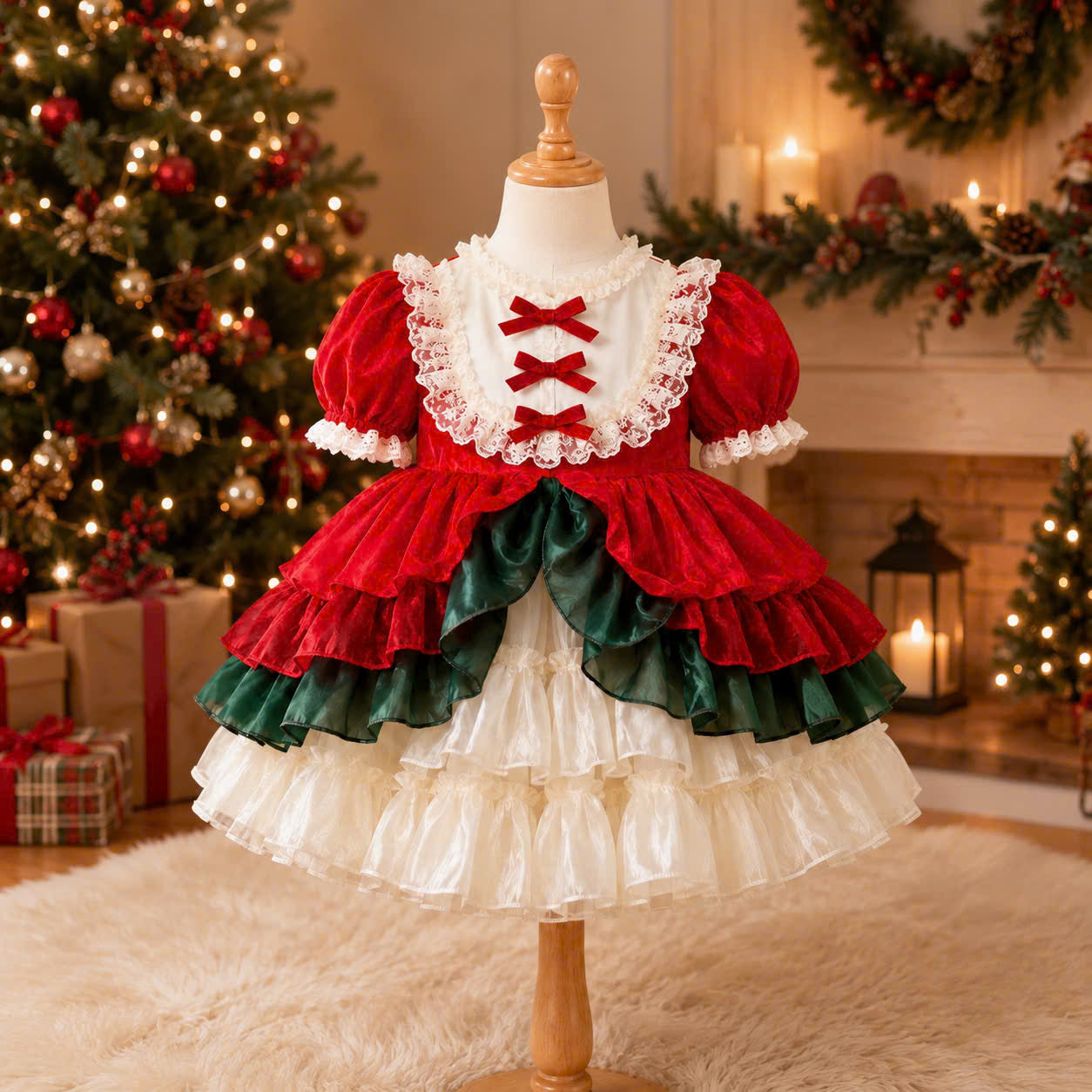 Holly Ruffle Christmas Dress 1–6 Years | Red Satin Baby Girl Christmas Dress with Matching Headband | Boutique Holiday Party Dress
