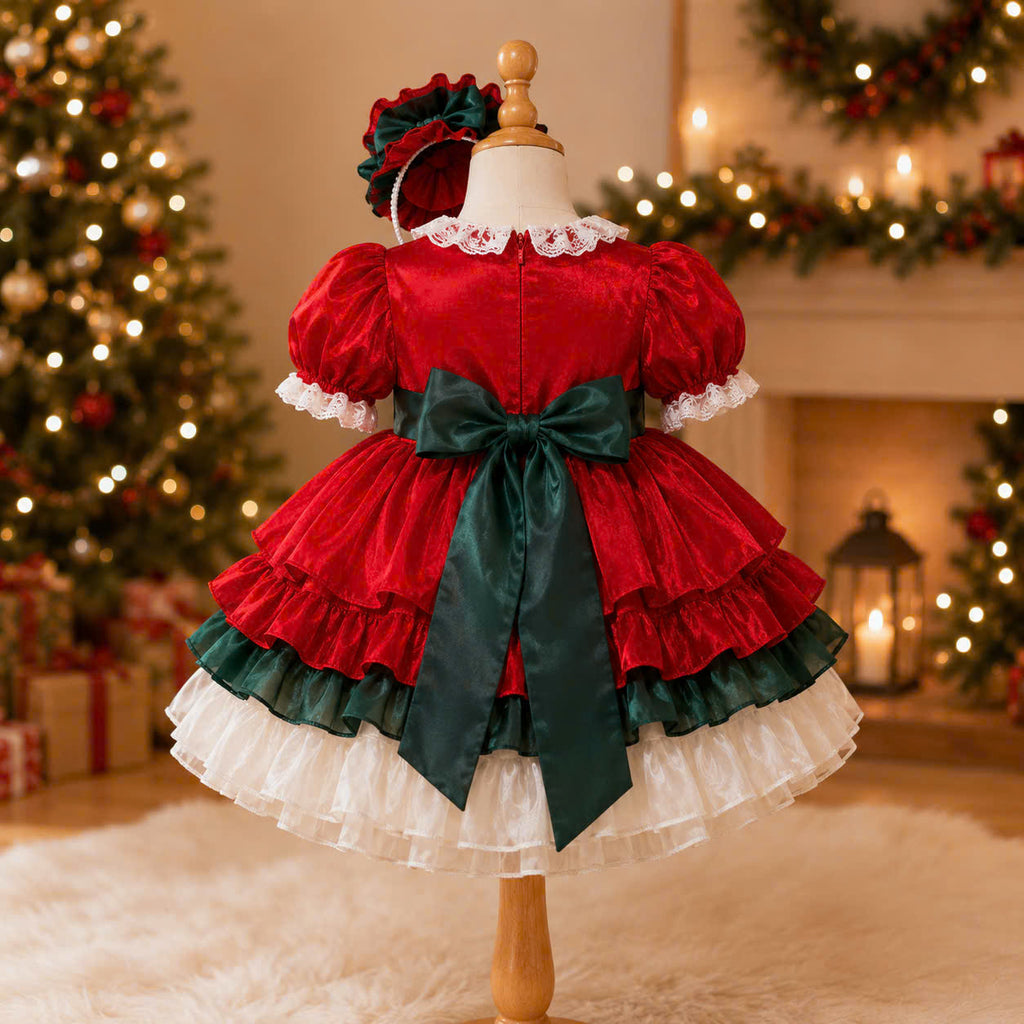 Holly Ruffle Christmas Dress 1–6 Years | Red Satin Baby Girl Christmas Dress with Matching Headband | Boutique Holiday Party Dress