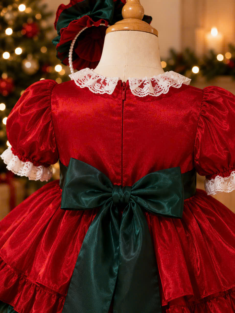 Holly Ruffle Christmas Dress 1–6 Years | Red Satin Baby Girl Christmas Dress with Matching Headband | Boutique Holiday Party Dress
