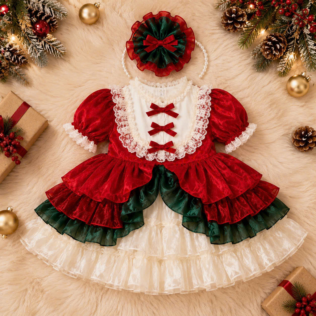 Holly Ruffle Christmas Dress 1–6 Years | Red Satin Baby Girl Christmas Dress with Matching Headband | Boutique Holiday Party Dress