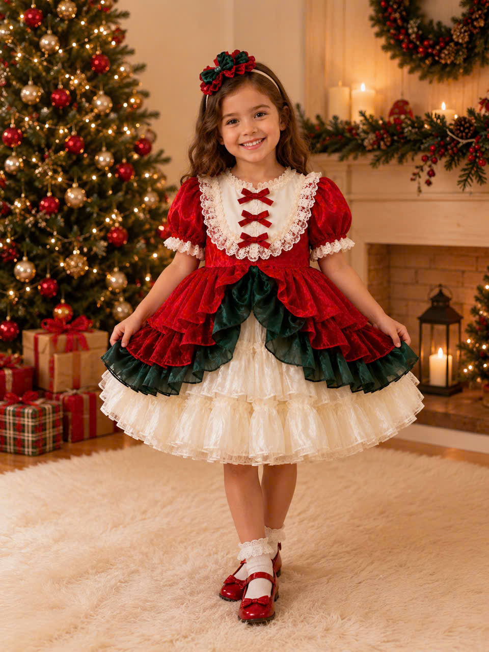 Holly Ruffle Christmas Dress 1–6 Years | Red Satin Baby Girl Christmas Dress with Matching Headband | Boutique Holiday Party Dress