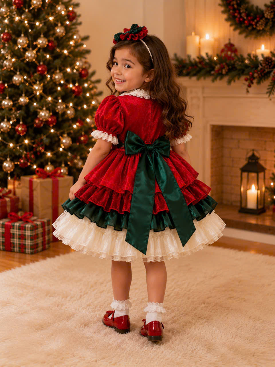 Holly Ruffle Christmas Dress 1–6 Years | Red Satin Baby Girl Christmas Dress with Matching Headband | Boutique Holiday Party Dress
