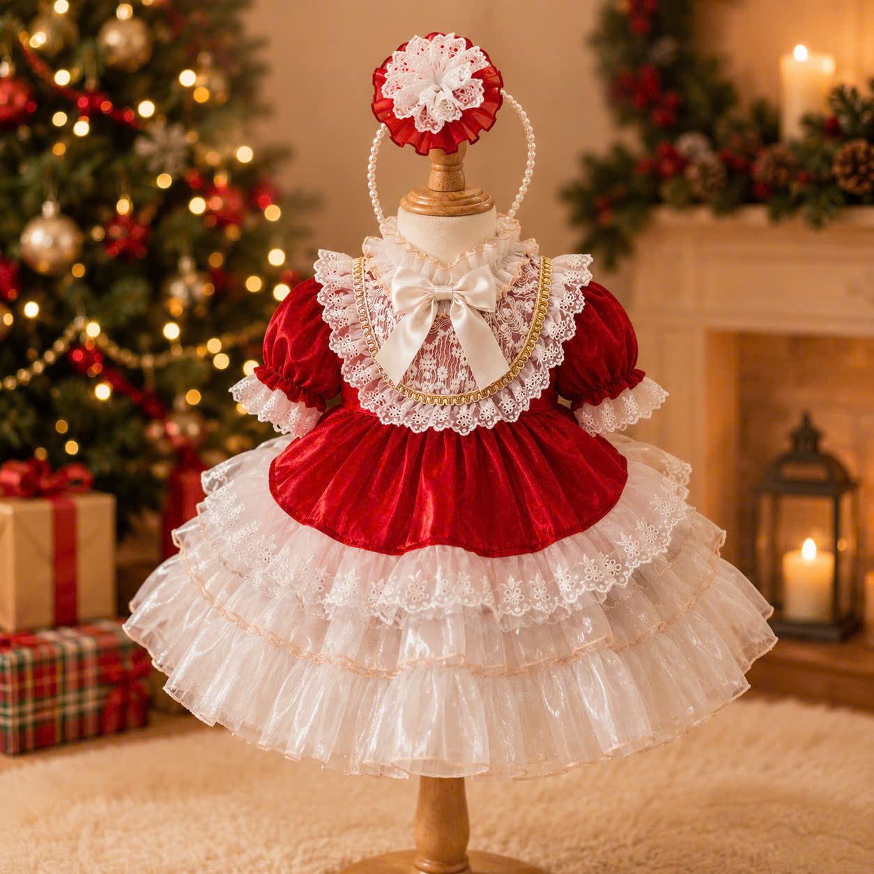 Victorian Lace Christmas Dress 1–6 Years | Red Satin Baby Girl Christmas Dress with Matching Headband | Boutique Holiday Party Dress